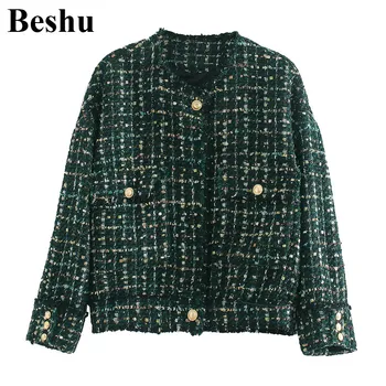 

za 2020 fashion coats women green twill soft tweed O-neck single-breasted tassel coats female pockets button elegant mujer