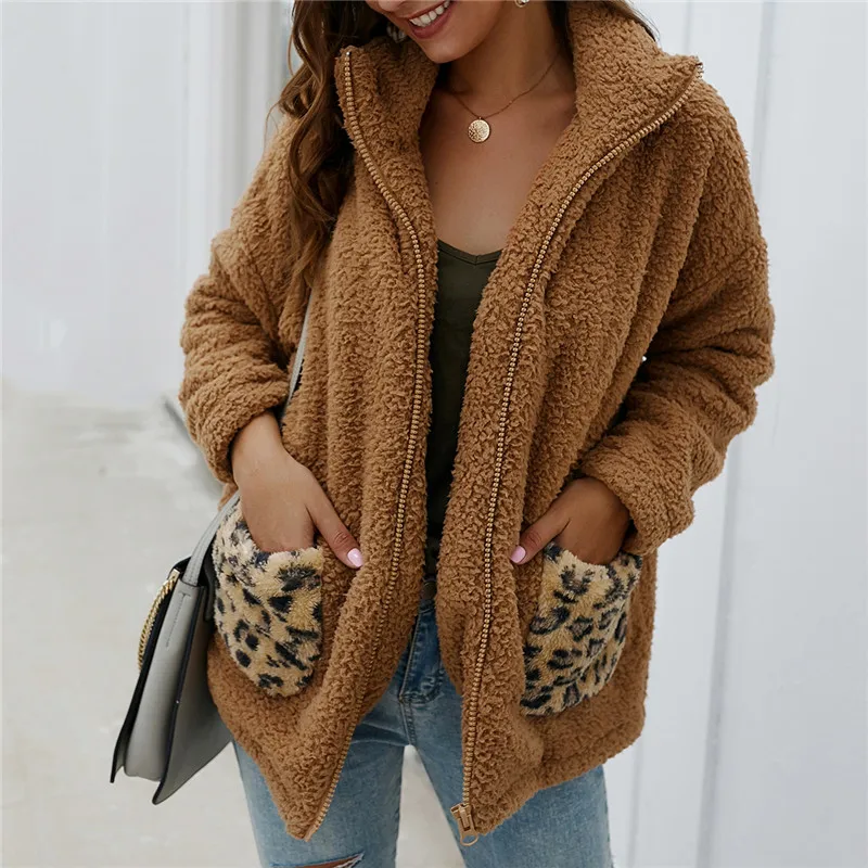 

Women Fashion Winter Warm Top Leopard Print Pockets Coats and Jackets Elegant long Sleeve Loose Outwear veste femme Streetwear