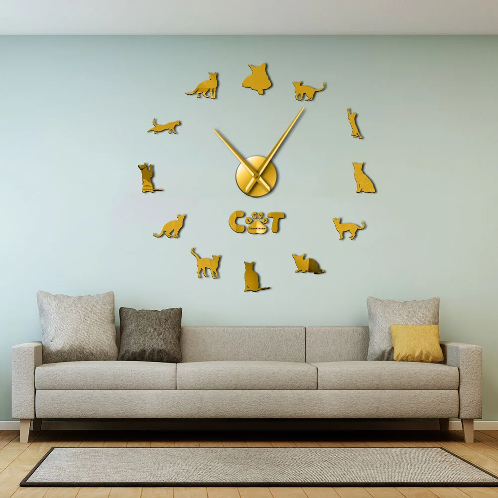 

Domestic Short-haired Cat Abyssinian Cat Frameless DIY Wall Clock Large Mute Wall Stickers Ethiopia Cat Living Room Home Decor