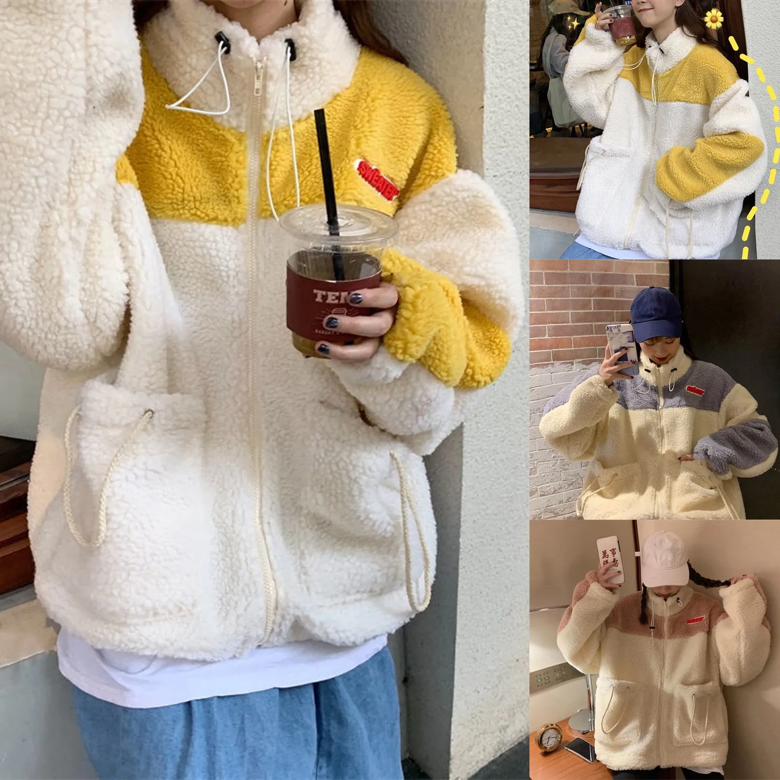 

Women's New Plush Pocket Loose Stitching Cute Drawstring Hoodie Sweatshirt Top Winter Keep Warm Clothes Plush Jacket Coat Hoodie