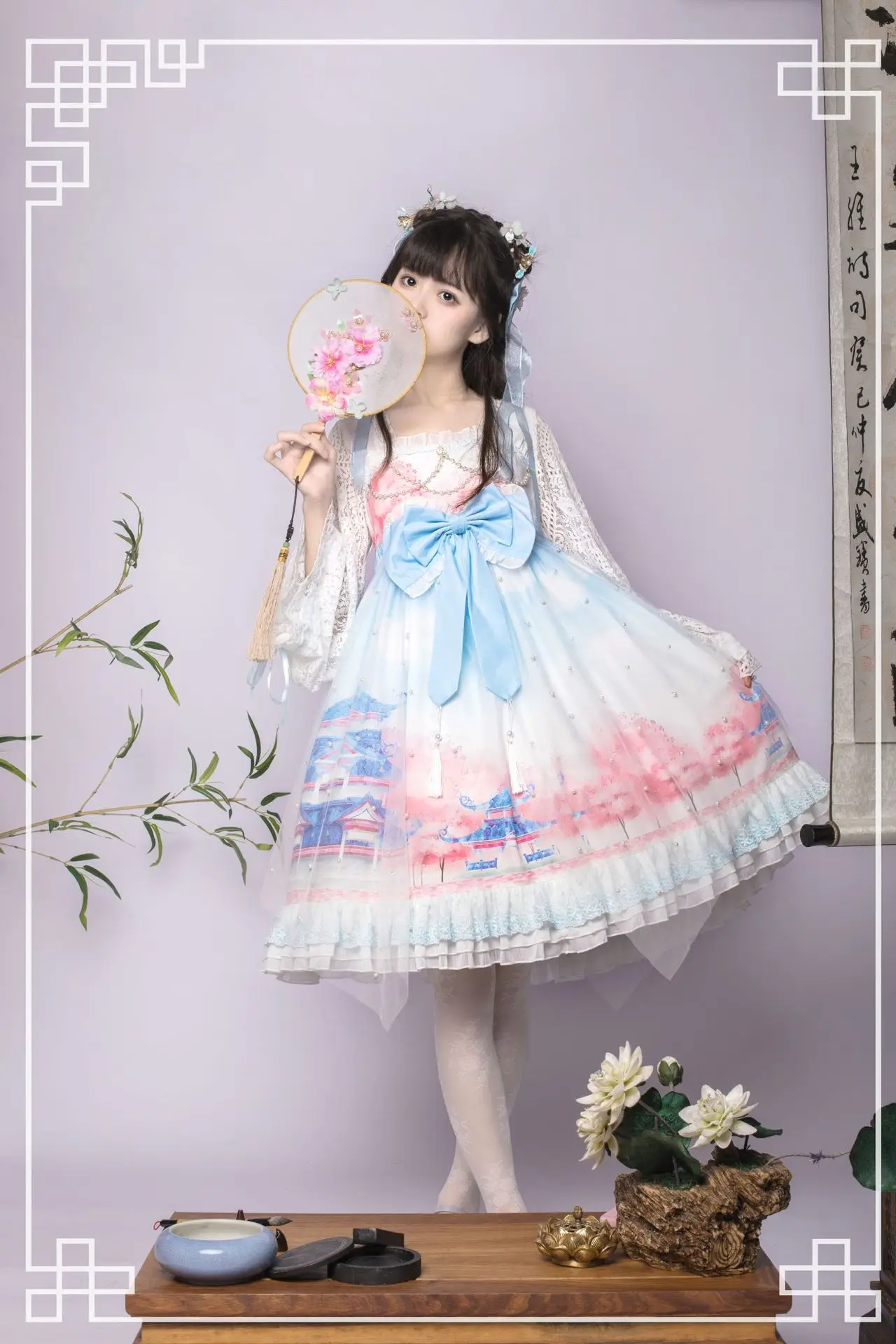 Нефритовый дворец~ Qi стиль с длинными рукавами для девочек платье феи Ретро шифоновое платье