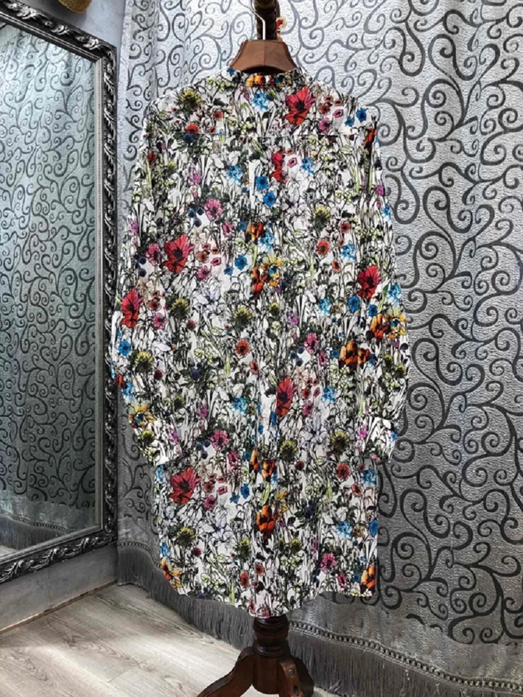 100%Cotton Dress 2020 Autumn Fashion Style Women Colorful Little Flower Print Long Sleeve Casual Long Shirt Dress Large Size