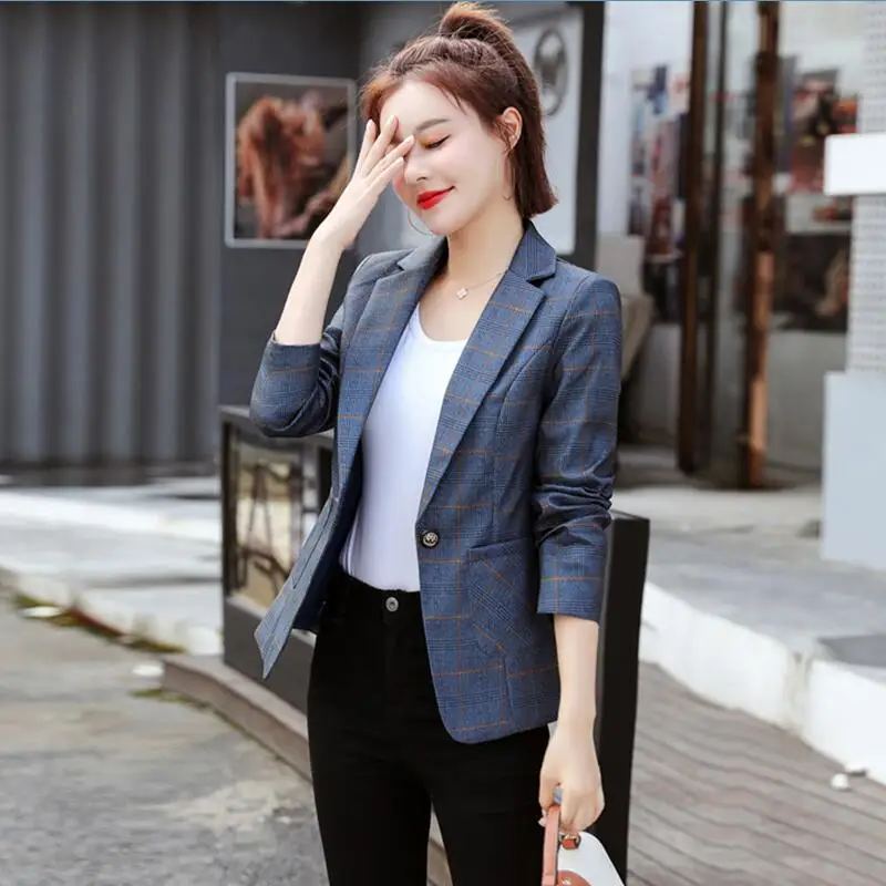 Blue plaid suit Клетчатый костюм, женский Блейзер, Осеннее Женское пальто, короткие тонкие блейзеры, Женская куртка, верхняя одежда - Цвет: Blue plaid suit