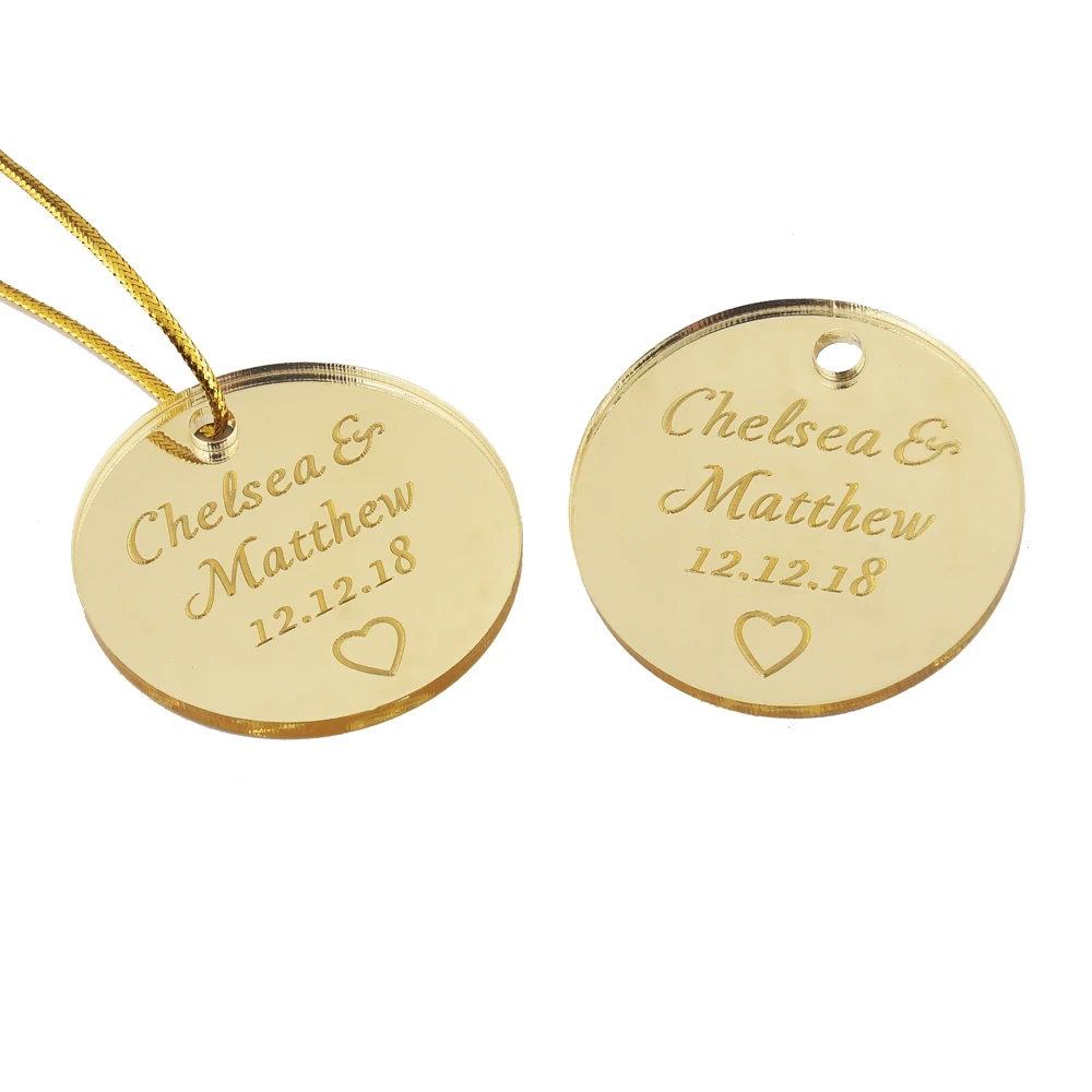 

100Pcs Personalized Engraved Mirror Round Wedding Tags 40/45/50mm Choose Baptism Tag Baby Shower Gift Favor Party Decor Colorful