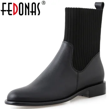 

FEDONAS Concise Genuine Leather Women Ankle Boots Genuine Leather Women Loafers Fashion Working Office Thick Heels Shoes Woman