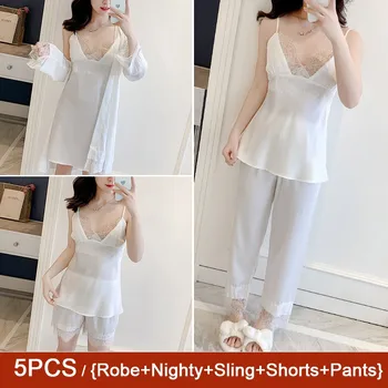 

Satin Bride Wedding Pajamas Sets Women 5PCS Sleepwear Sexy Lace Deep V-neck Pyjamas Suit Casual Loose Summer Home CLothes