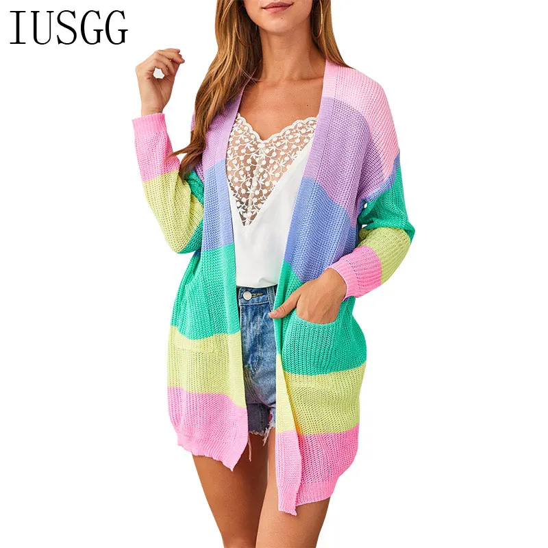 

Autumn Cardigan Knitted Coat Women Rainbow Sweater Long Cardigan Sweater Winter Clothes Off Shoulder Basic Sweater Single Breast