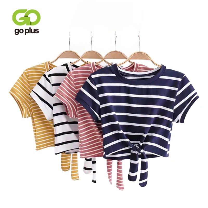 

GOPLUS Women Tied Cropped T Shirts Striped Tied O-neck Crop Top Fashion Casual Short T Shirt Women Summer Casual Knot Front Tee