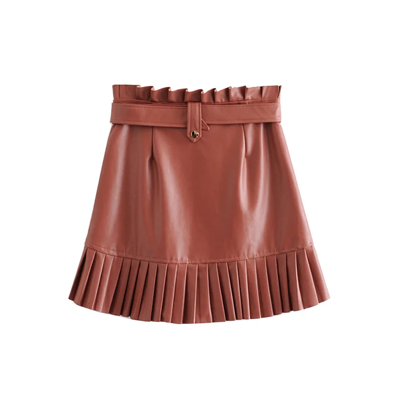 TRAF Женская стильная плиссированная мини-юбка из искусственной кожи с карманами в винтажном стиле на молнии с поясом Женская короткая юбка шикарная Faldas Mujer