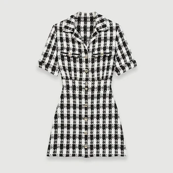 

Women Dress 2020 Spring / Summer New Women's Black and White Plaid Mid Sleeve Waist Dress
