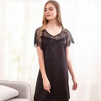 

Lace Patchwork Satin Nightdress Lady Short Sleeve Nightgown Intimate Lingerie Sexy Sleepwear Summer Nightwear Loose Home Wear