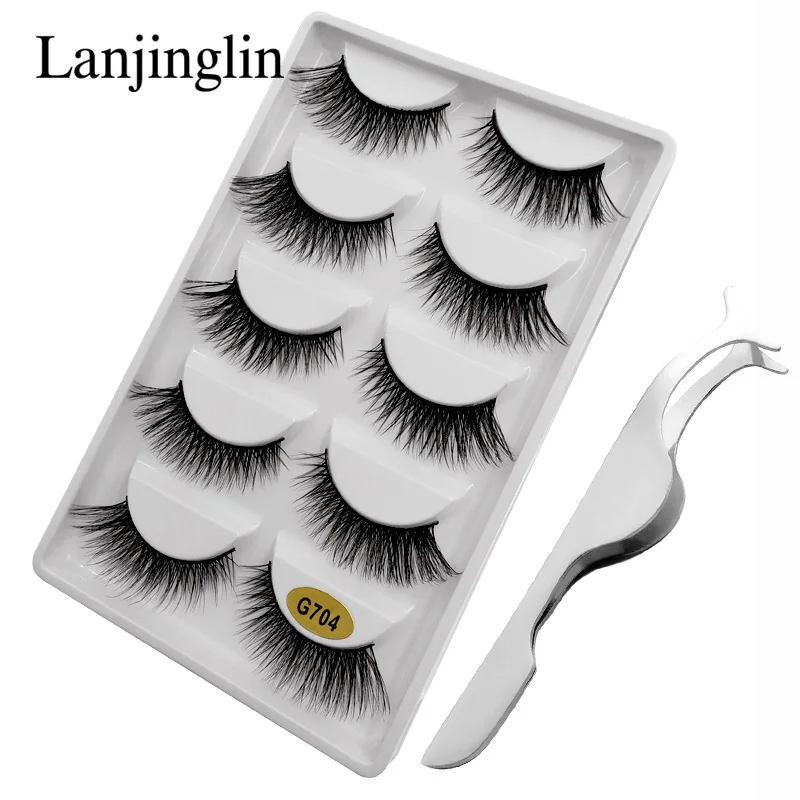 LANJINGLIN, 5 пар, 3d норковые ресницы для наращивания, натуральные накладные ресницы,, накладные ресницы, норковые пинцеты ручной работы - Цвет: G704T