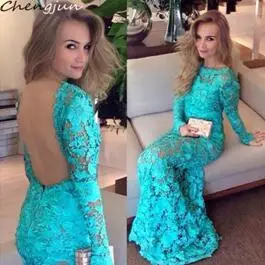 Chengjun бирюзовый вырез лодочкой рыбий хвост с длинным рукавом сексуальное открытое вечернее платье - Цвет: Turquoise