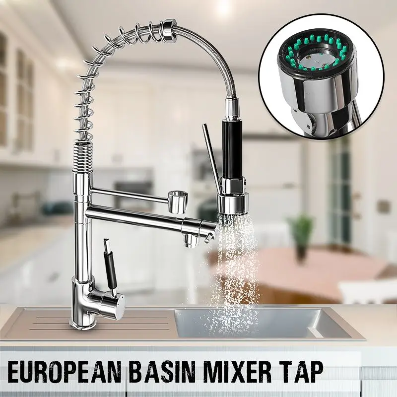 Kitchen Chrome Pull Out Side Spring Faucet Sprayer 360 Rotation Dual Spout Single Handle Mixer Tap  - 4000322347176