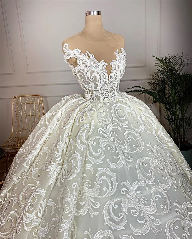 Сексуальная Иллюзия бальное платье Кружева свадебное платье великолепные кружева обратно свадебные платья из фатина Robe De Mariee