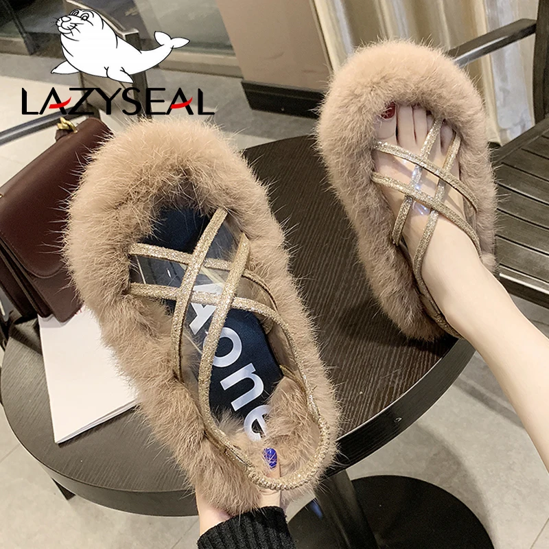 Сандалии LazySeal женские с натуральным мехом босоножки задним ремешком прозрачные