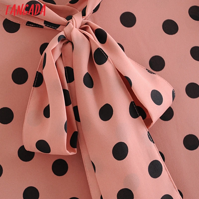 Cheap Tangada women pink dots print midi dress bow tie collar 2019 long sleeve female vintage casual pleated dresses vestidos 3H21