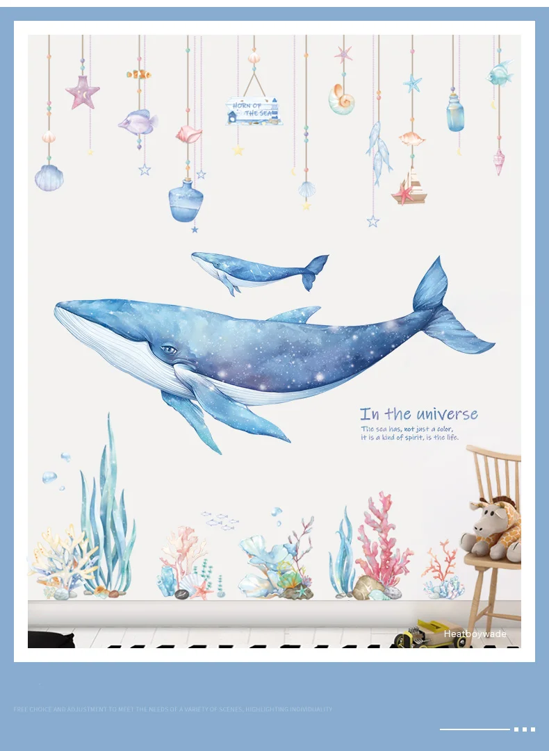 Cartoon Coral Whale Wall Sticker for Kids rooms Nursery Wall Decor Vinyl Tile stickers Waterproof Home Decor Wall Decals Murals