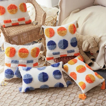 

Moroccan Style Tufted Sofa Cushion Cover Nordic Yellow Orange Blue Dots Geometric Decorative Pillows Cover Sofa Waist Pillowcase