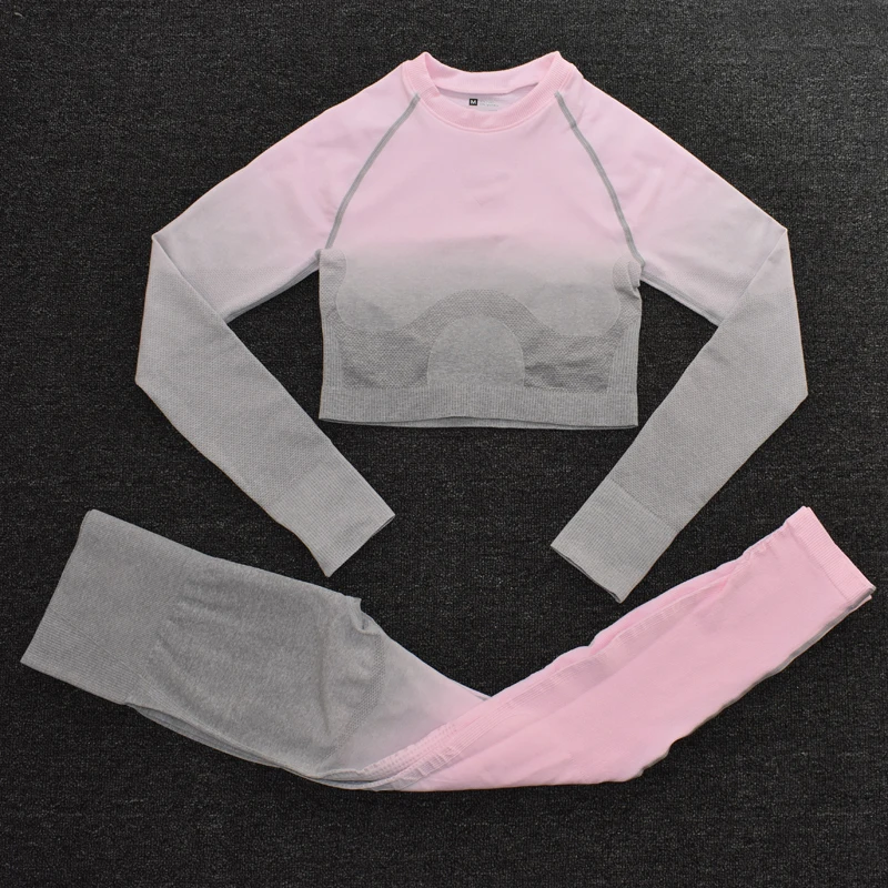 ShirtsPantsPink Ombre, Женский комплект для йоги, бесшовные леггинсы с длинным рукавом, укороченный топ, спортивный бюстгальтер, штаны для бега, одежда для спортзала, фитнес-тренировки, спортивный костюм - Цвет: ShirtsPantsPink