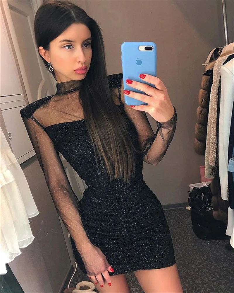 Вискозное Бандажное платье с длинным рукавом телесного и черного цвета Сетчатое