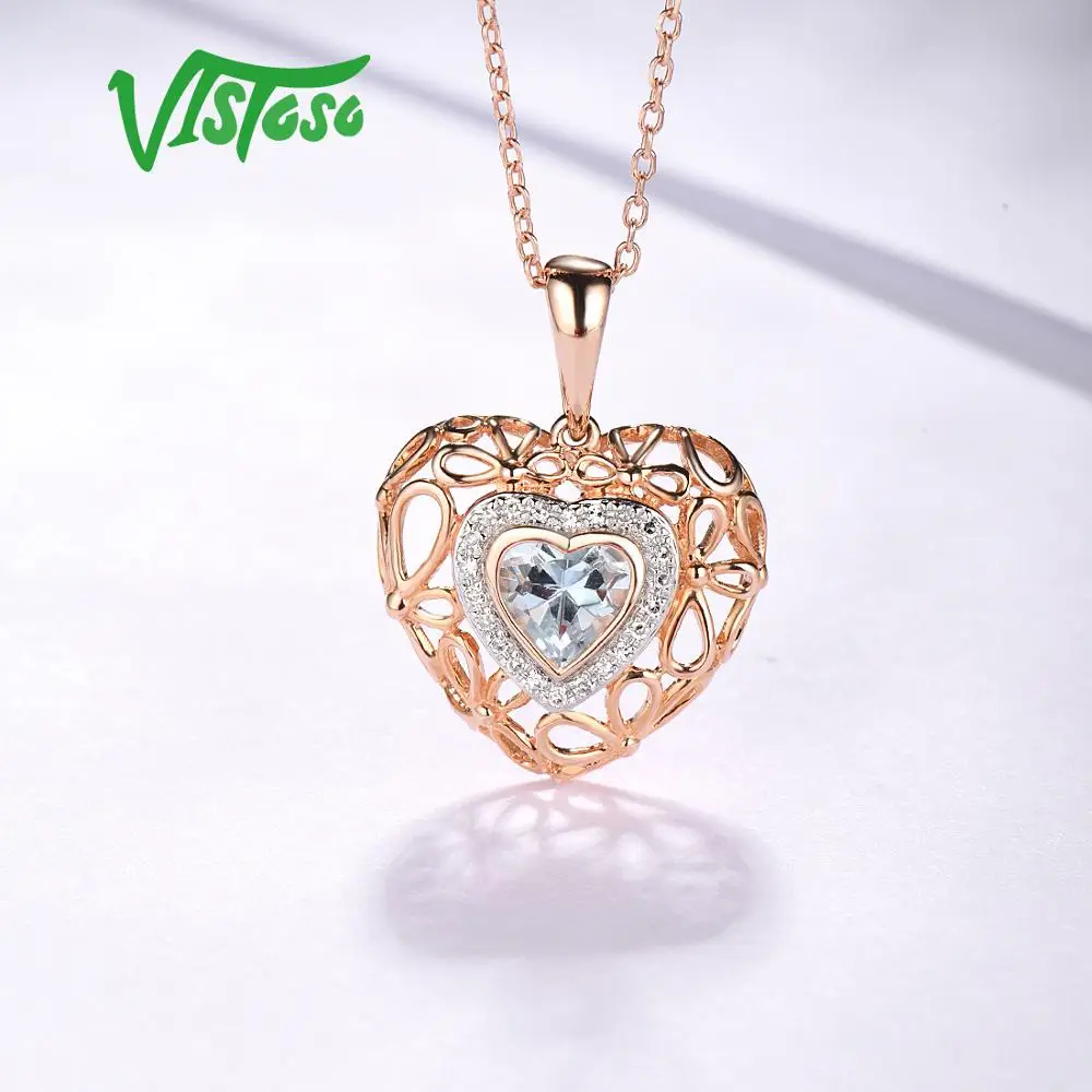 VISTOSO Gold Pendant For Women Genuine 14K 585 Rose Gold Radiant Sky Blue Topaz Sparkling Diamond Pendant Delicate Fine Jewelry 4