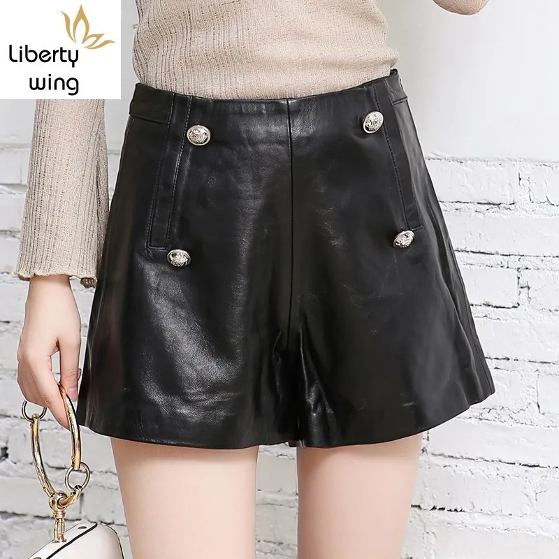 

Luxury Brand 100% Real Leather Wide Leg Femme Fashion Street Black Slim Sheepskin Ladies Mini Shorts Top Quality