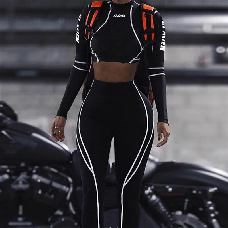

LAISIYI Women Fitness Sport Two Pieces Set Letter Print Turtleneck Top Leggings Striped Patchwork 2019 Fashion 2 Pcs Tracksuits