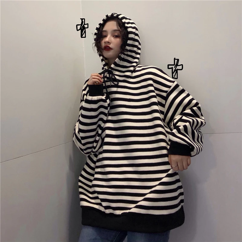 Новинка зимы, корейская мода ulzzang, свободная Ретро толстовка с капюшоном, Женская шикарная полосатая Толстовка Harajuku с круглым вырезом, Повседневная Женская толстовка