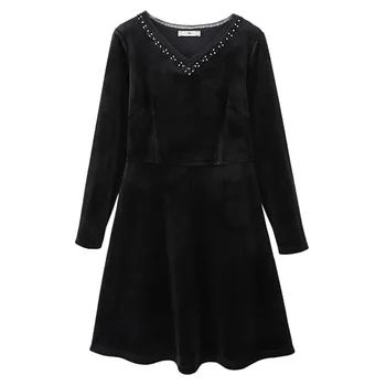 

Plus Size Dress Manual Beads Luxury Simple Black Velvet Evening Party Dresses