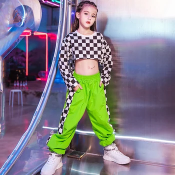 

Girls Jazz Dance Costume Stage Cropped Checked Tops Green Pant Fluorescente Performance Outfit New Ballroom Dance Wear Child 667