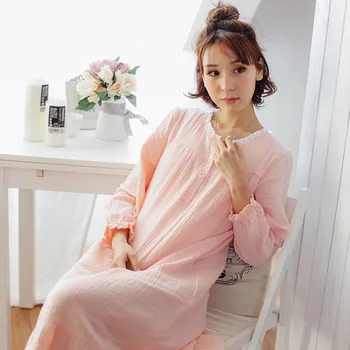 

Spring and Autumn Women's Nightdress Pure Cotton Pink and White V-neck Nachthemd Sexy Simple Non-printed Lace Nightdress