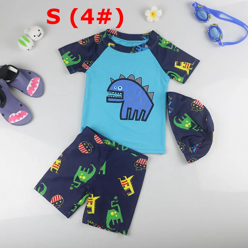 Boy Baby Swimwear Dinosaur Swimming Suit for Boys Short Sleeves Toddler Kids Children's Swimwear Beach Clothes Bathing Suit 3pcs - Цвет: BLUE S