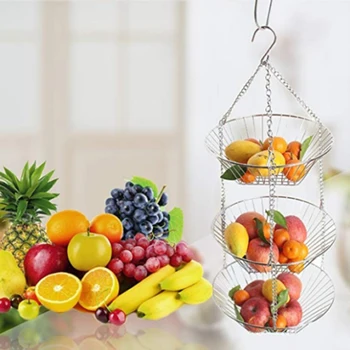 

Storage tool 3 layer fruit and vegetable hanging basket household items basket metal folding storage basket wrought iron chain
