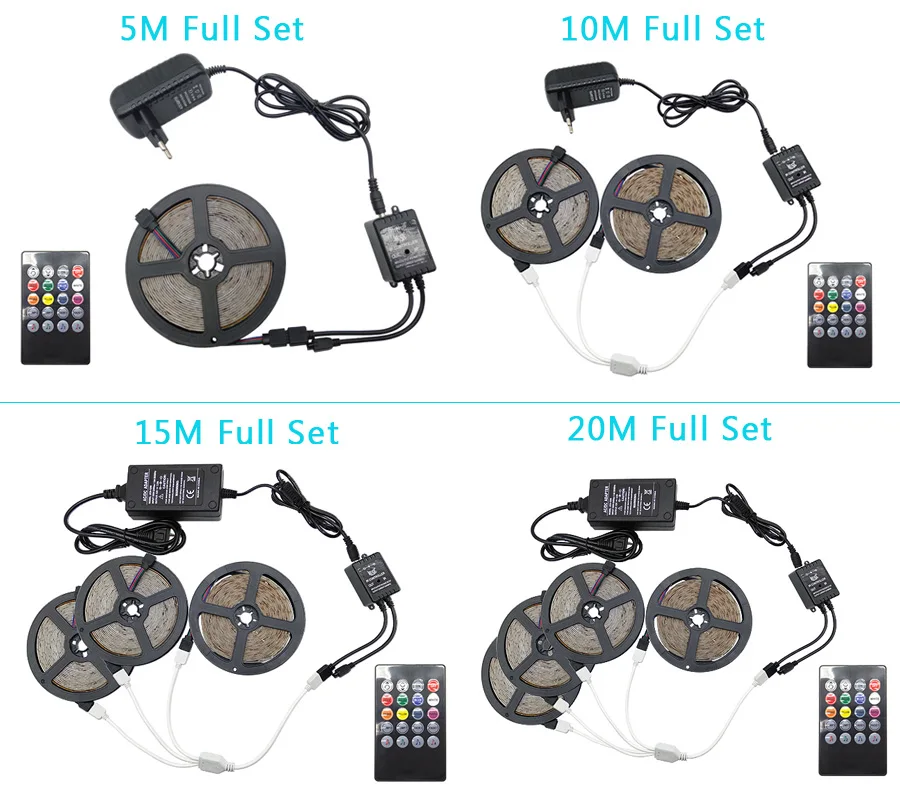5M 10M 15M Led Light Tape 5050 SMD 60ledsm RGB LED Strip DC 12V RGB LED lamp diode Ribbon Flexible Music Controller+Adapter EU (1)