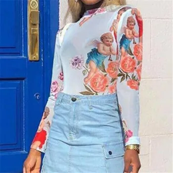 

2019 Female Thin Fishnet Playsuit New Printed Turtle Neck Leotard Long Sleeves Jumpsuit Fashion Ladies' See-through Rompers Hot