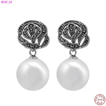 

BOCAI s925 sterling silver earrings manual red garnet pearl 2020 new fashion personality Thai silver female ear studs earrings