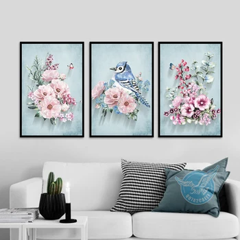 

American Style Pink Flowers Modern Decoration Blue Birds Wall Art Pictures Canvas print Painting for Living Room Home Decor 4-57