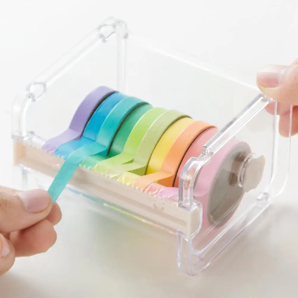 

3 Colors Office School Stationery Adhesive Tape Holder Cutter with Two Serrations Transparent Storage Box Organizer Dispenser