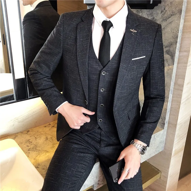 

Korean Mens Formal Suits Fashion 3pcs Business Man Office Work Slim Fit Blazer Set Plus Size 5XL Groom Vest Wedding Dess Suit