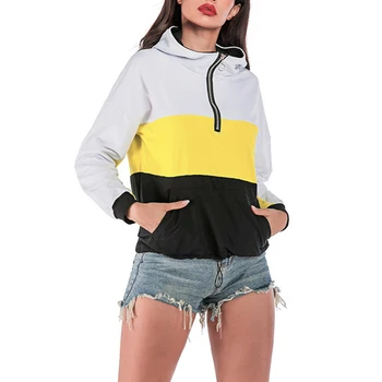 

*2019 Hoodies Women Autumn Winter Loose Contrast Color Stitching Zipper Sports Windproof Hooded Pullover Sweatershirt Hood*