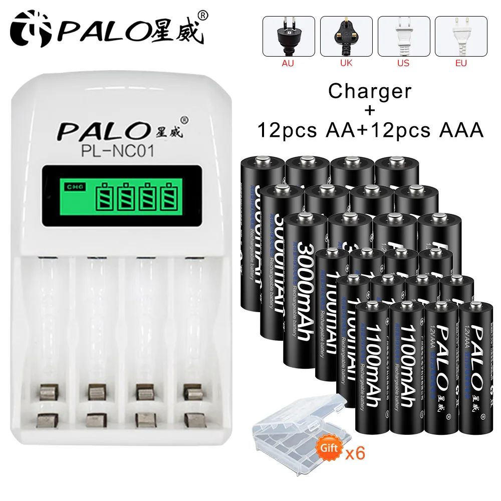 4 шт 1,2 V AA перезаряжаемые батареи+ 4 шт AAA 3A аккумуляторная батарея с чехол для батареи+ ЖК-дисплей смарт-зарядное устройство - Цвет: 12AA12AAA 1charger