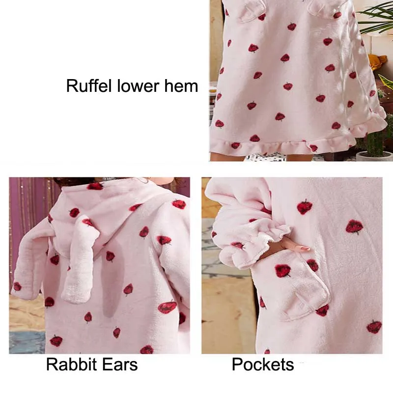 Rabbit Ears Hooded Flannel Bath Robe Cartoon Women Bathrobe Winter Thicken Plus Size Girls Night Gown Coral Fleece Nightgown