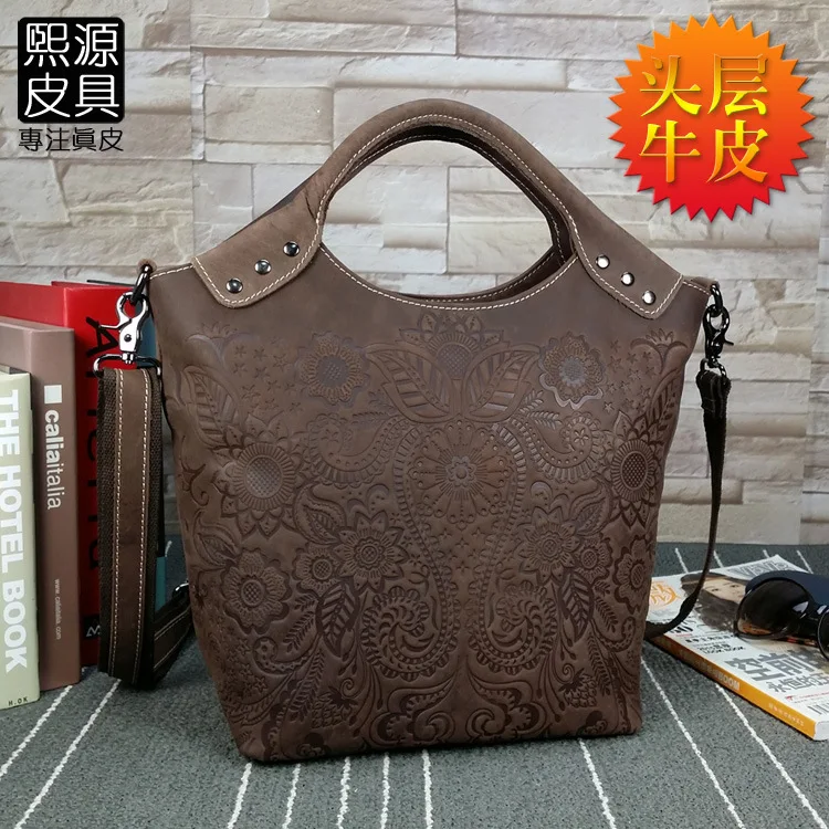 

Retro Embossed WOMEN'S Bag Genuine Leather Ethnic-Style Full-grain Leather Middle-aged WOMEN'S Shoulder Bag Handbag