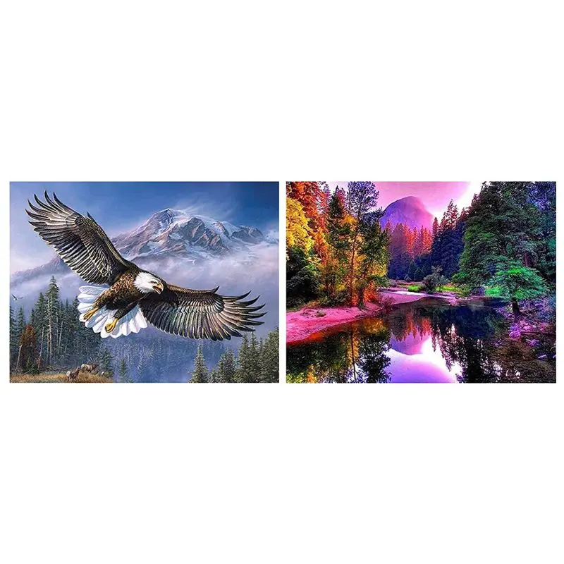 

2-Pack 5D Diamond Painting Kits for Adults Full Drill Diamond Embroidery Colorful Forest & Flying Eagle