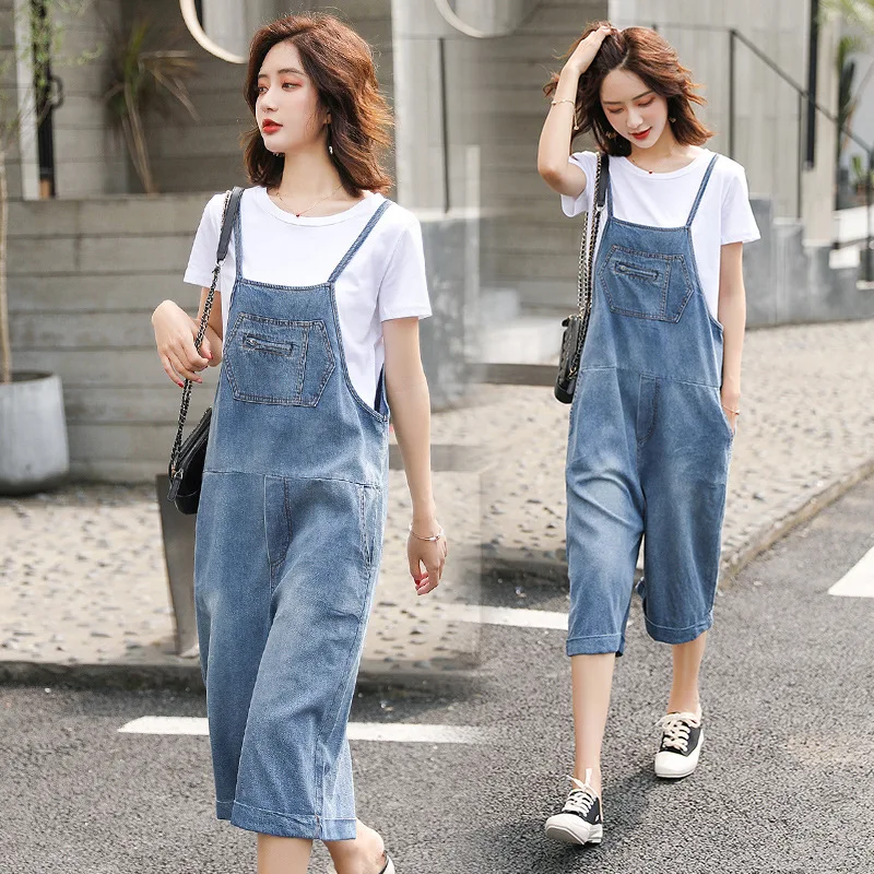 

Cowboy Suspender Pants Women's Summer 2019 New Style Loose Casual Slimming Students Jeans Capri Pants Loose Pants Set