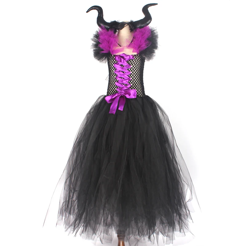 Детская одежда малефисент злая королева платье-пачка для девочек с рожками крылья Хэллоуин костюм ведьмы для косплея Для детей вечернее платье