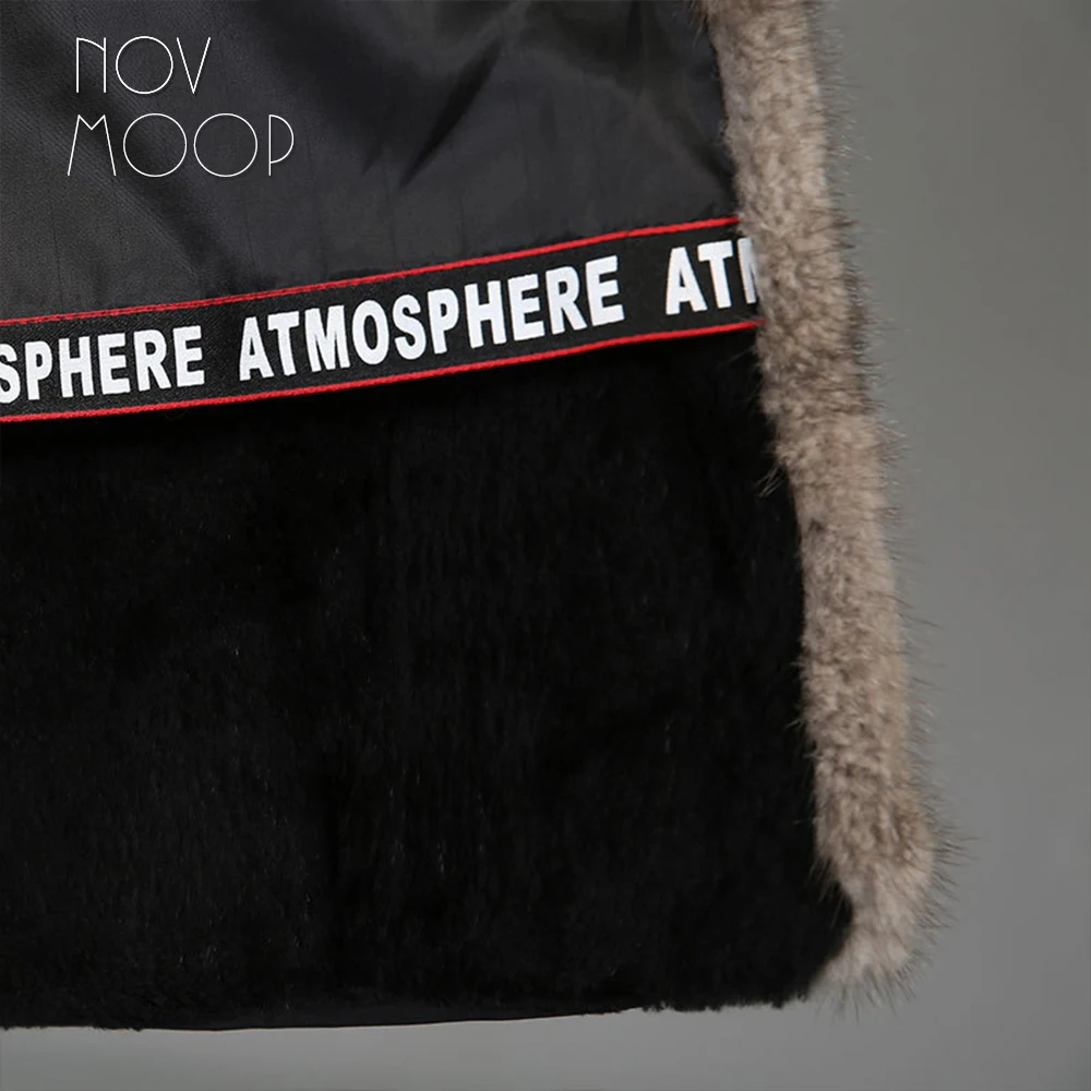 Novmoop, корейский стиль, повседневный стиль, Зимняя женская, черная, кроличья подкладка, натуральный мех, длинное пальто с норковым воротником/шапка vera pelliccia LT2931