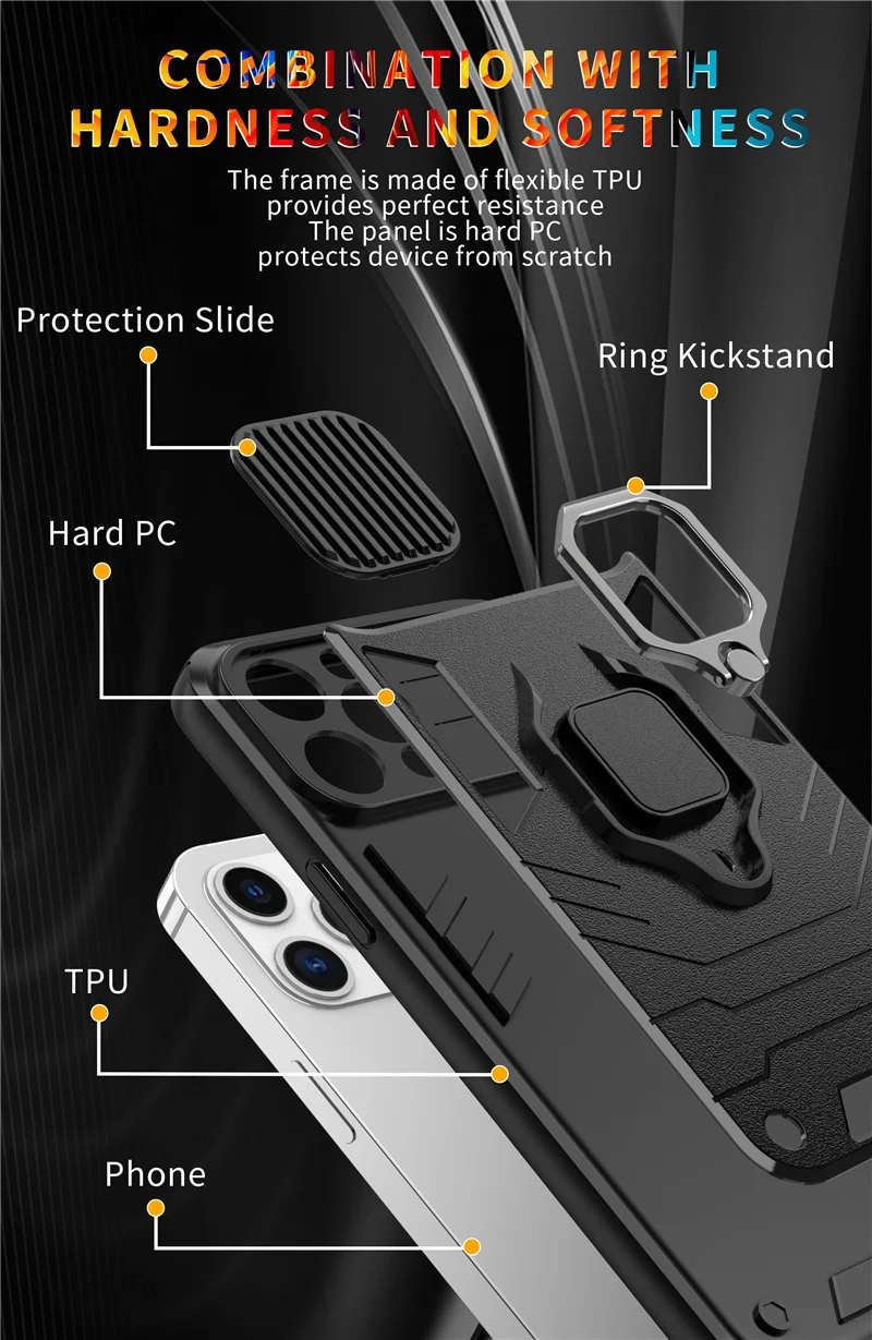 Camera Protection Armor Phone Case For iPhone 13 Pro Max 12 11 XR XS Max X 7 8 Plus 13 Shockproof Bumper Ring Holder Back Cover case for iphone se