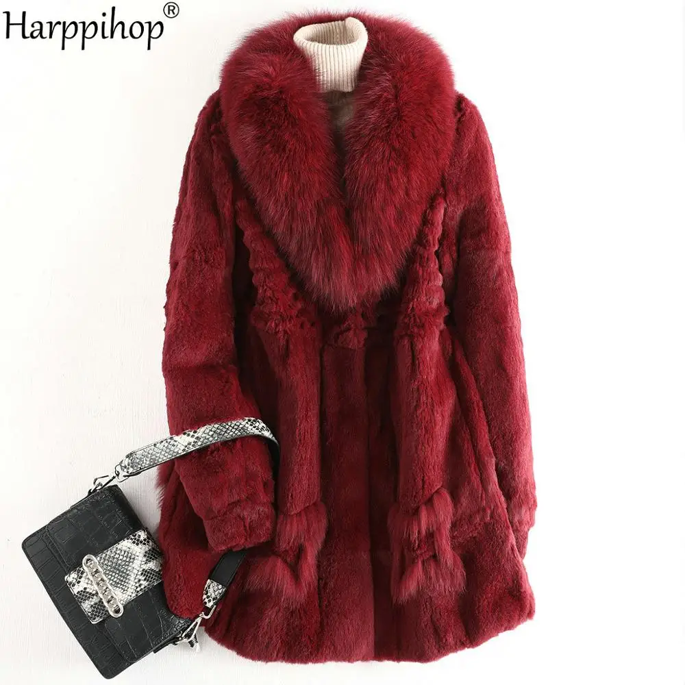 Натуральное меховое пальто, зимняя женская куртка, натуральный мех кролика Рекс, длинное пальто, большой воротник лисы, уличная одежда, толстая теплая верхняя одежда
